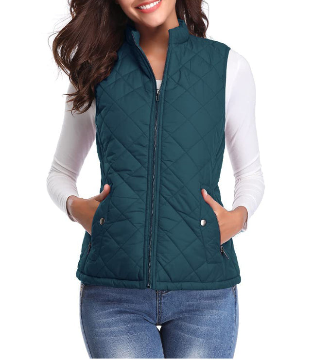 Naisten quiltattu vetoketjullinen liivi pystykaulus ja sivutaskut
