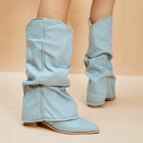 Naisten Denim Saappaat | Block Heels | Rento Western-Tyyli | Nilkkapituus ja Leveä Varsi-RANDOM-EmiyoSuomi
