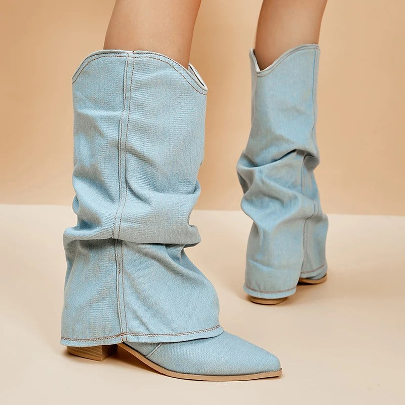 Naisten Denim Saappaat | Block Heels | Rento Western-Tyyli | Nilkkapituus ja Leveä Varsi-RANDOM-EmiyoSuomi
