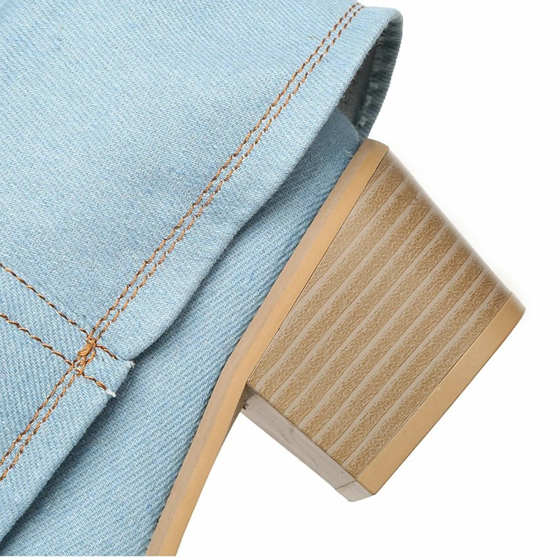 Naisten Denim Saappaat | Block Heels | Rento Western-Tyyli | Nilkkapituus ja Leveä Varsi-RANDOM-EmiyoSuomi
