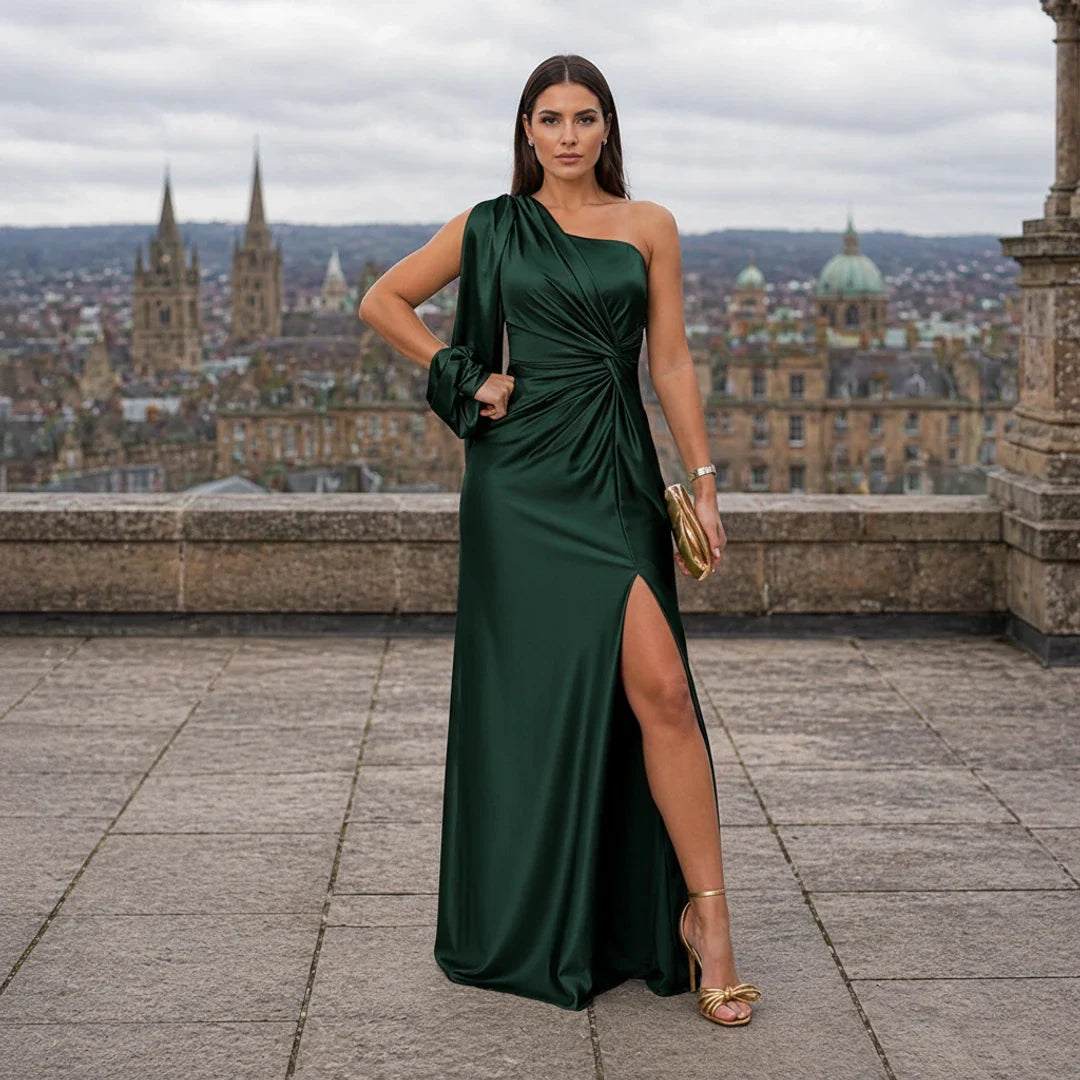Satiinimekko epäsymmetrinen muotoilu elegantti yksiolkaiminen