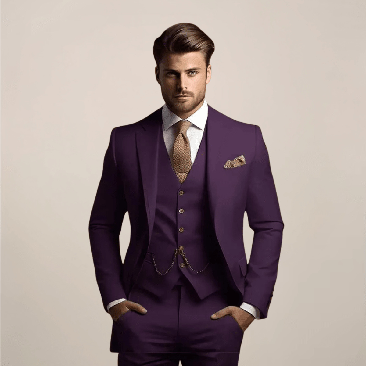 Miesten kolmiosainen slim fit puku muodolliselle tilaisuudelle