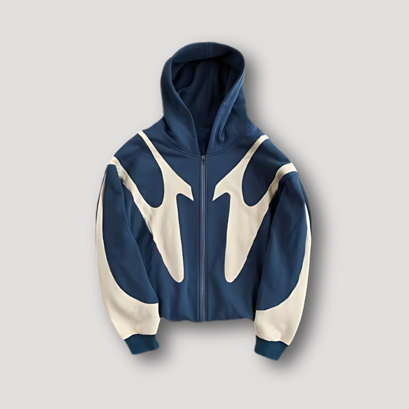 Miesten vetoketjuhoodie painatuksella sininen musta harmaa rento istuvuus