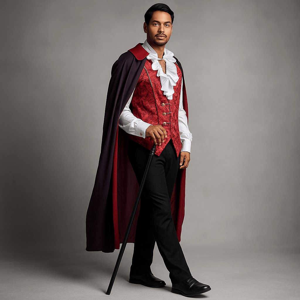 Goottinen Miesten Vampyyri Puku - Pitkä Viitta - Volangpaita - EmiyoSuomi - Halloween