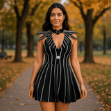 Goottinen Raidallinen Halloween Mini Mekko - Naisten Tyylikäs Puku - EmiyoSuomi - Halloween