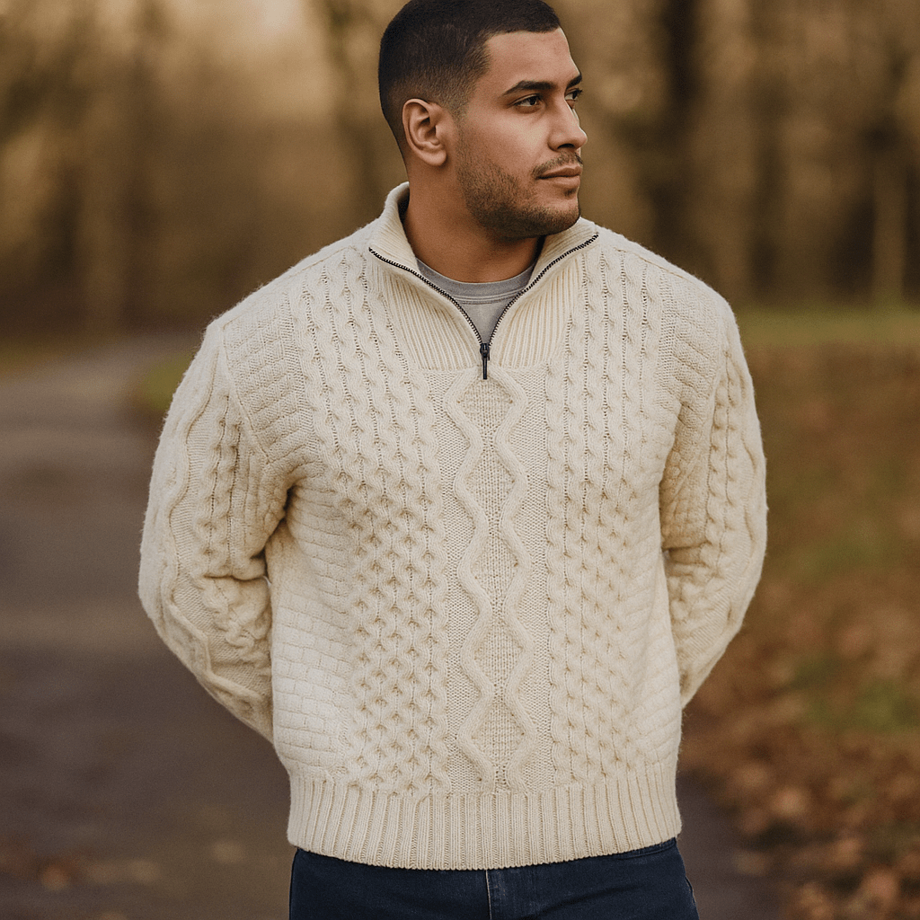 Herre Kabelstrik Neule – Korkea Kaulus – Vetoketjulla – Ribatut Hihansuut - EmiyoSuomi - Villapaita Miehet