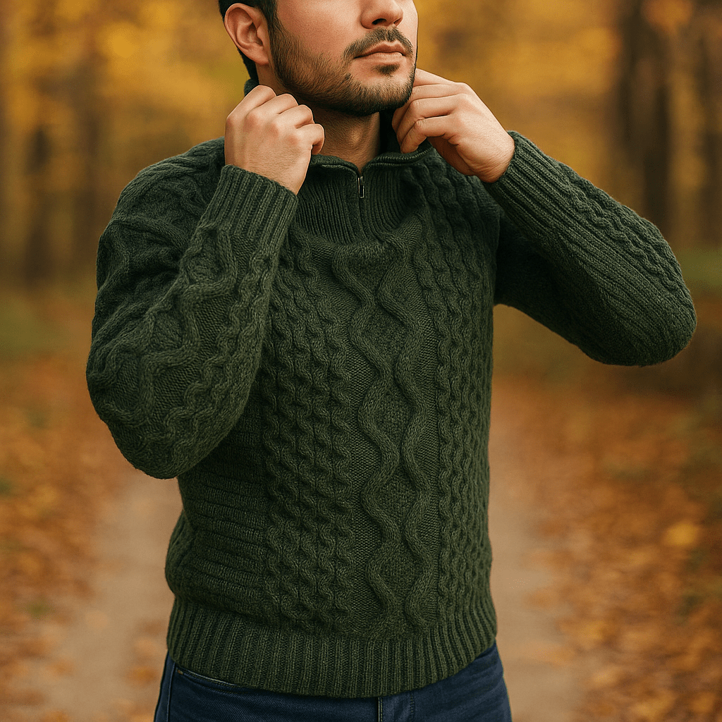 Herre Kabelstrik Neule – Korkea Kaulus – Vetoketjulla – Ribatut Hihansuut - EmiyoSuomi - Villapaita Miehet