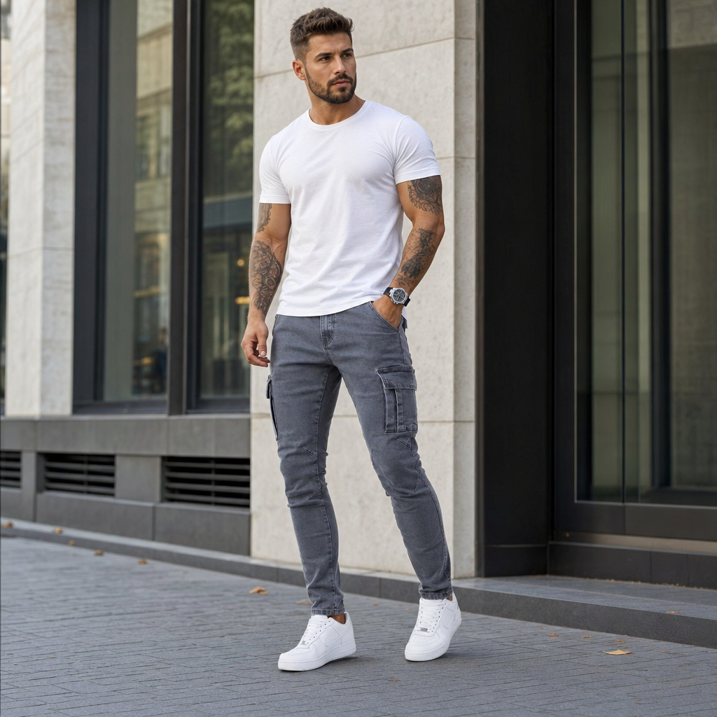 Miesten slim fit cargo denim farkut useilla toiminnallisilla taskuilla