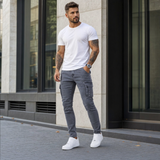 Miesten slim fit cargo denim farkut useilla toiminnallisilla taskuilla