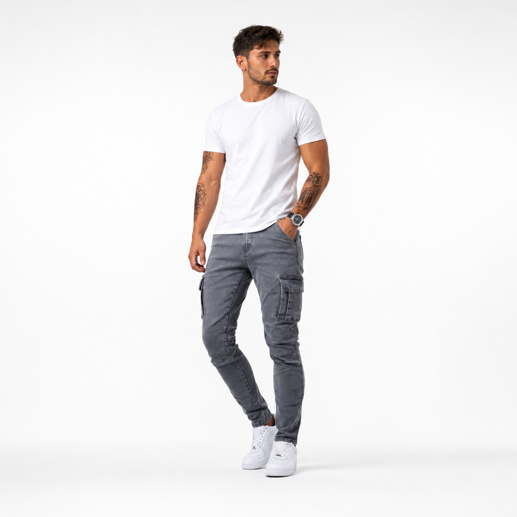 Miesten slim fit cargo denim farkut useilla toiminnallisilla taskuilla