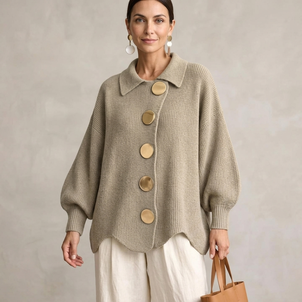 Naisten neulecardigan oversized kullanvärisillä napeilla ja ballonhihalla