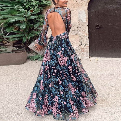 Belinda - Maxi Kukkamekko Ilman Selkää - Vintage Tyylinen-Mekot-EmiyoSuomi