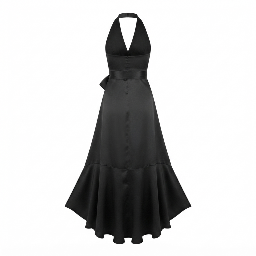 Dame aftenkjole | Halterneck, satin kjole | Slå-om model, maxilængde