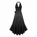 Dame aftenkjole | Halterneck, satin kjole | Slå-om model, maxilængde