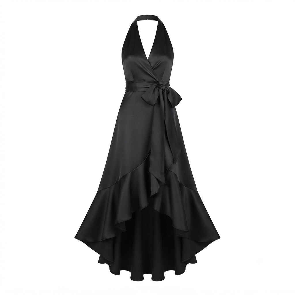 Dame aftenkjole | Halterneck, satin kjole | Slå-om model, maxilængde