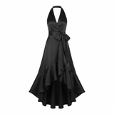 Dame aftenkjole | Halterneck, satin kjole | Slå-om model, maxilængde