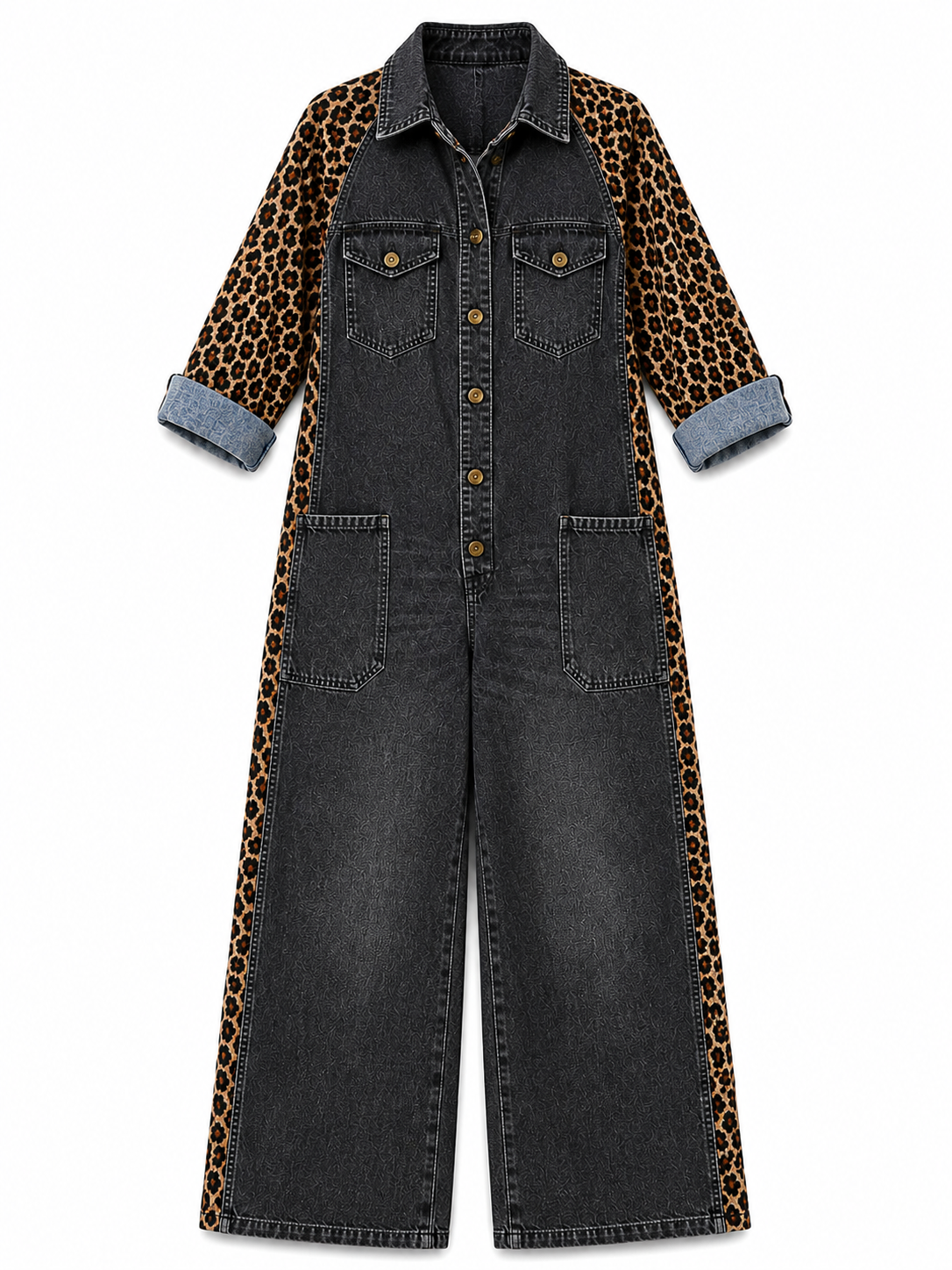 Denim-yhdistelmä | Leopardi, leveä istuvuus | Toiminnalliset taskut
