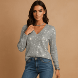 Kimalteleva Paita - V - aukko - Elegantti Mukavuus - EmiyoSuomi - Neulepusero Nainen