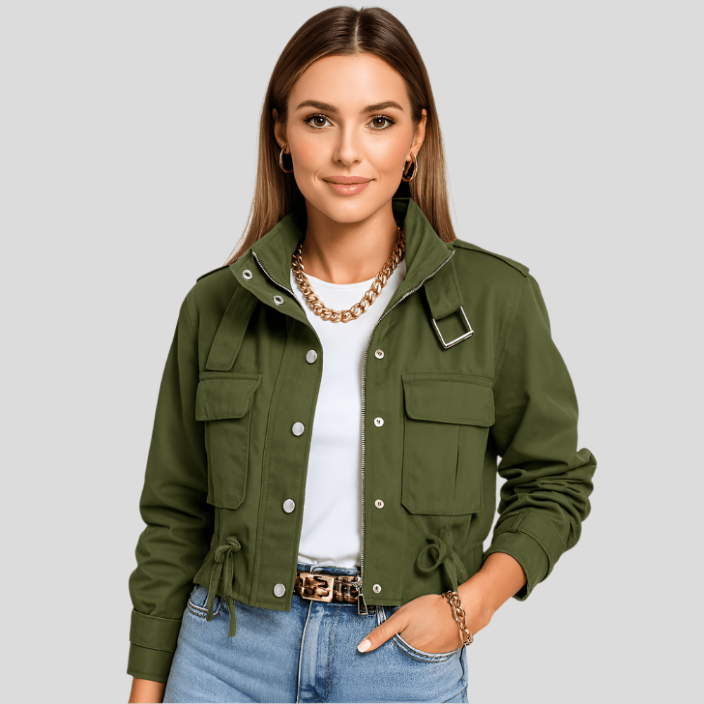 Lyhyt lentotakki naisille - Tyylikäs vetoketju - Ribbaus - EmiyoSuomi - Bomberjacket - Nainen