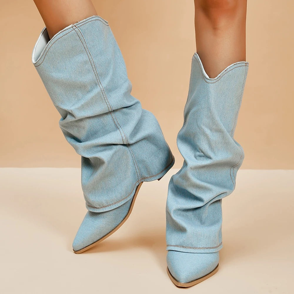 Naisten Denim Saappaat | Block Heels | Rento Western-Tyyli | Nilkkapituus ja Leveä Varsi-RANDOM-EmiyoSuomi