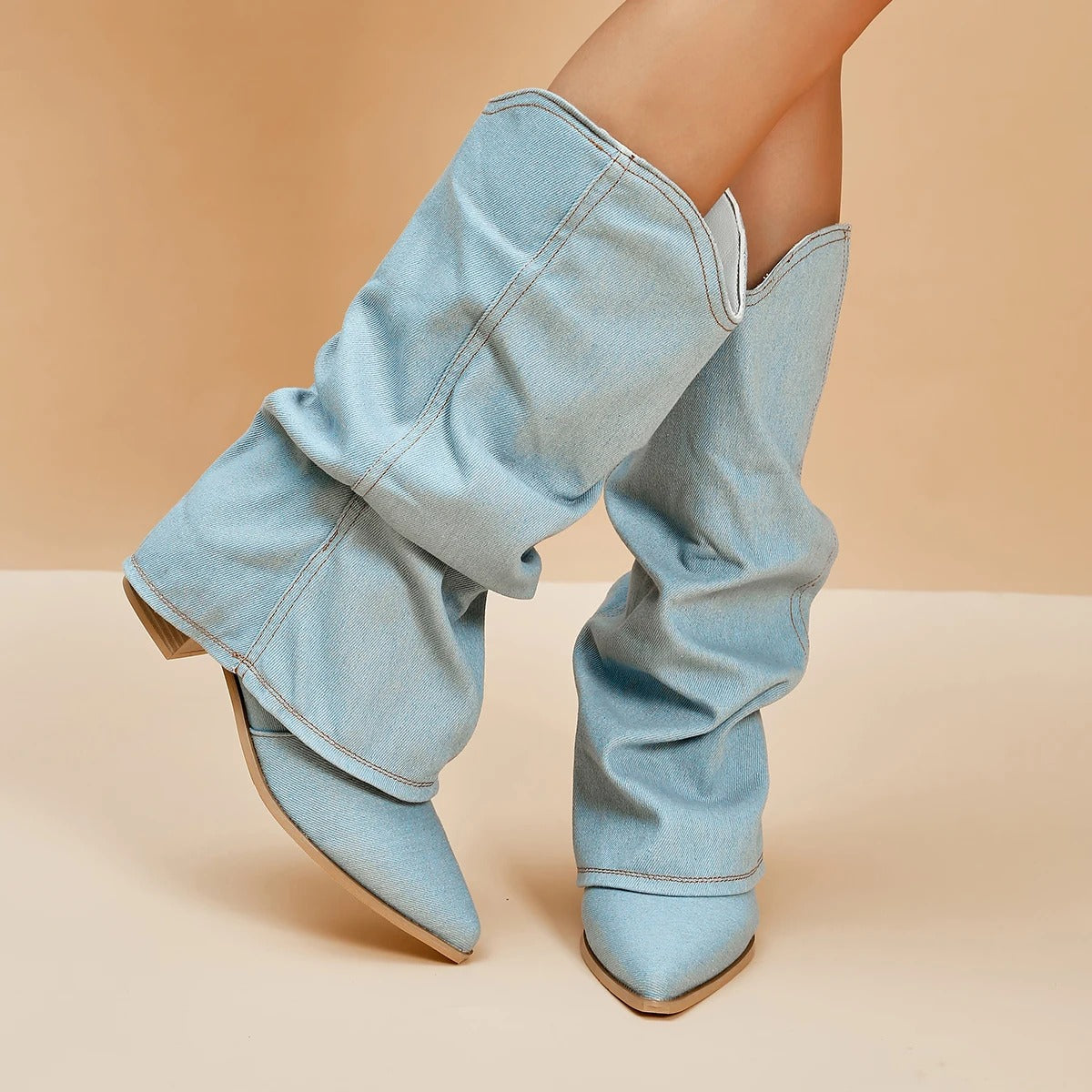 Naisten Denim Saappaat | Block Heels | Rento Western-Tyyli | Nilkkapituus ja Leveä Varsi-RANDOM-EmiyoSuomi
