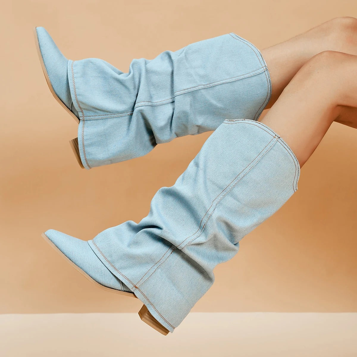 Naisten Denim Saappaat | Block Heels | Rento Western-Tyyli | Nilkkapituus ja Leveä Varsi-RANDOM-EmiyoSuomi