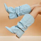 Naisten Denim Saappaat | Block Heels | Rento Western-Tyyli | Nilkkapituus ja Leveä Varsi-RANDOM-EmiyoSuomi