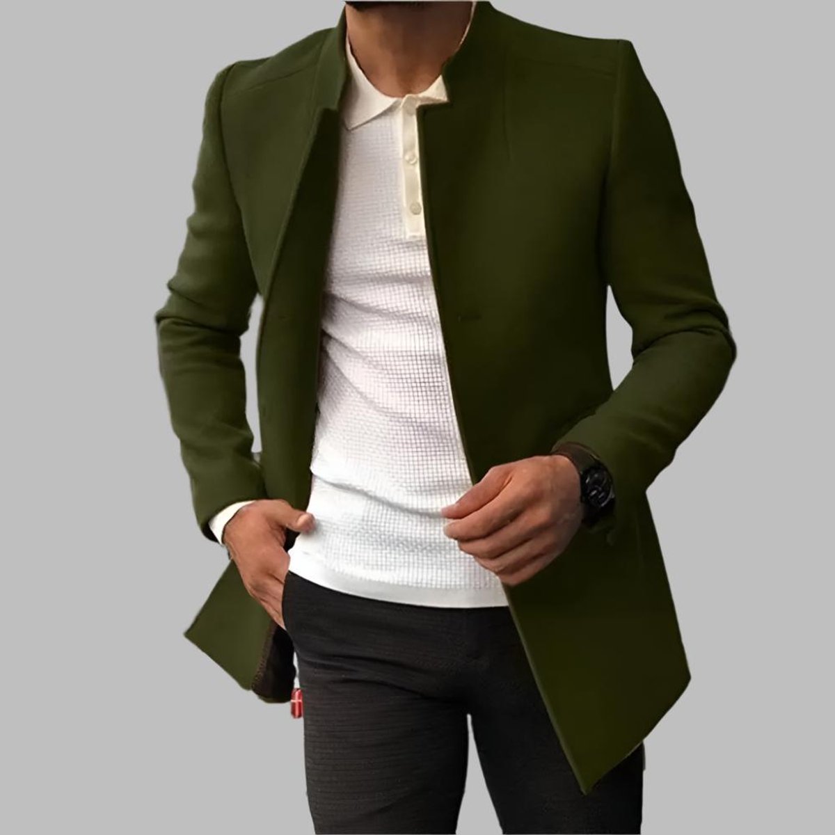 Miesten villakangastakki | Slim-fit, kaulukseton, avoin etu