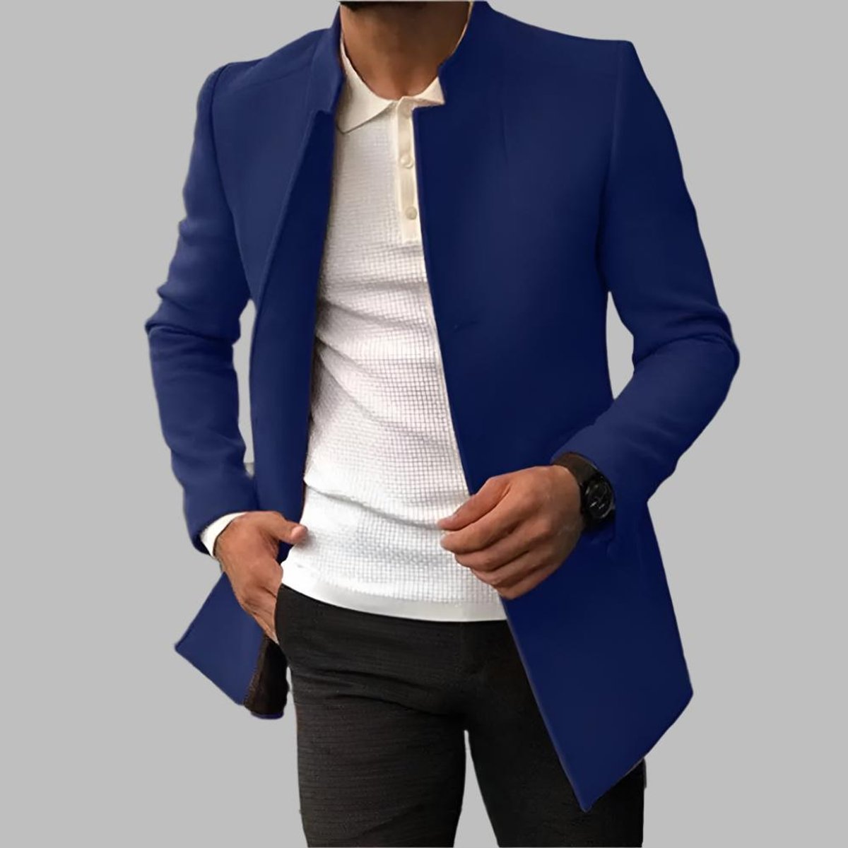Miesten villakangastakki | Slim-fit, kaulukseton, avoin etu