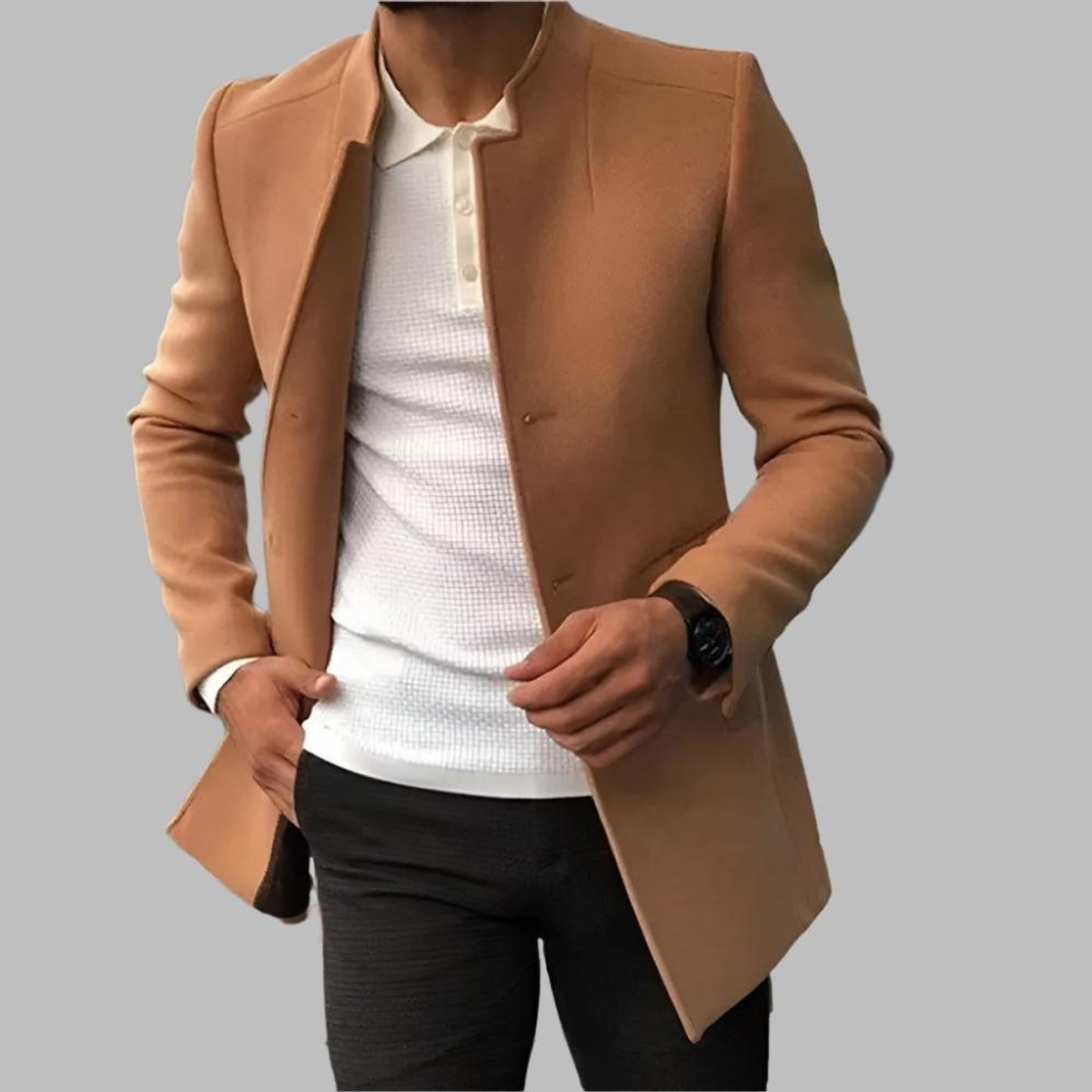 Miesten villakangastakki | Slim-fit, kaulukseton, avoin etu