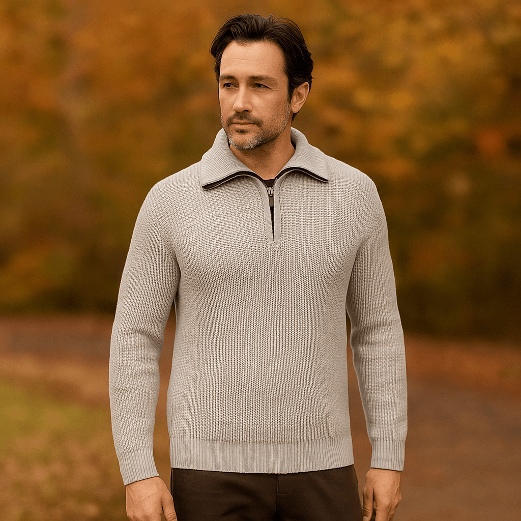 Miesten Half - Zip Villapaita - Rakenteellinen Neule - Korkea Kaulus - Ribatut Hihansuut - EmiyoSuomi - Villapaita Miehet