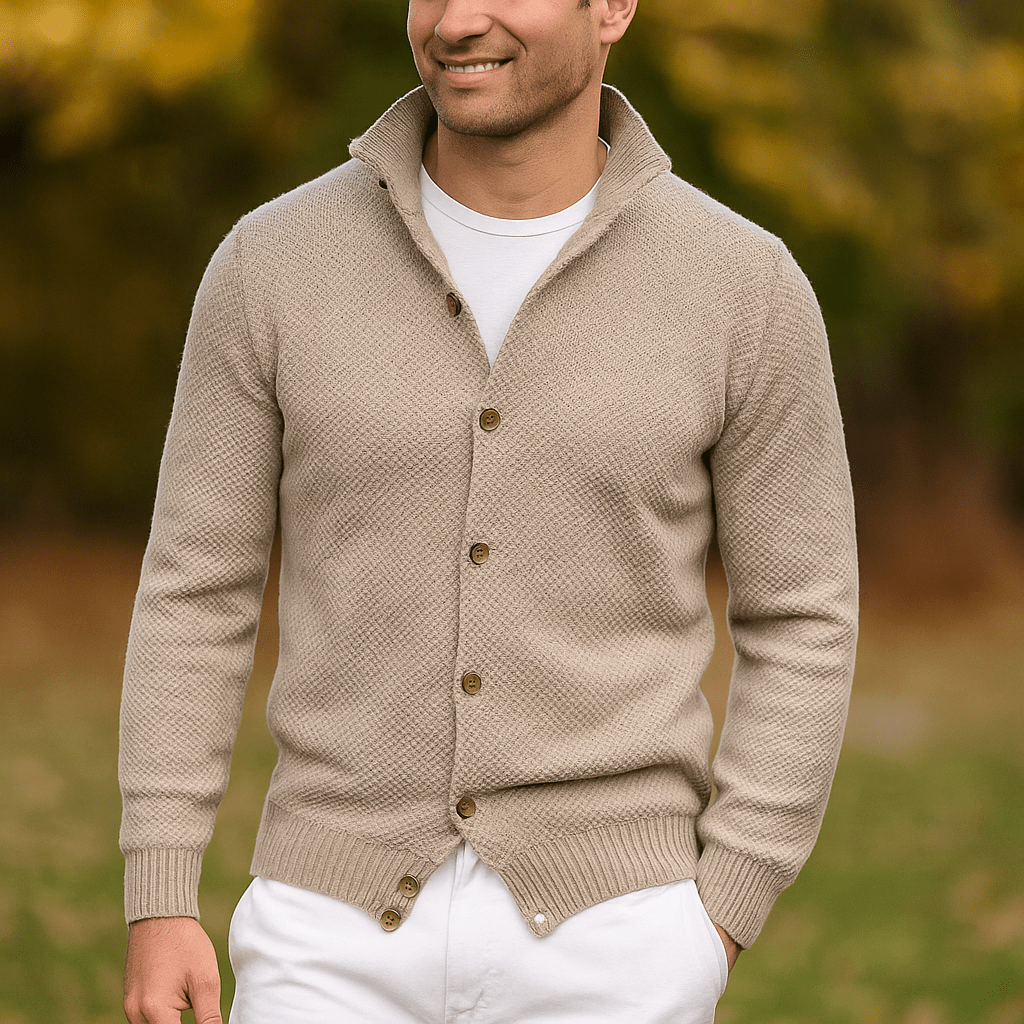 Miesten Slim Fit Neulepusero – Olkakaulus – Napitettu Etuosa – Ribattu Reuna - EmiyoSuomi - Villapaita Miehet