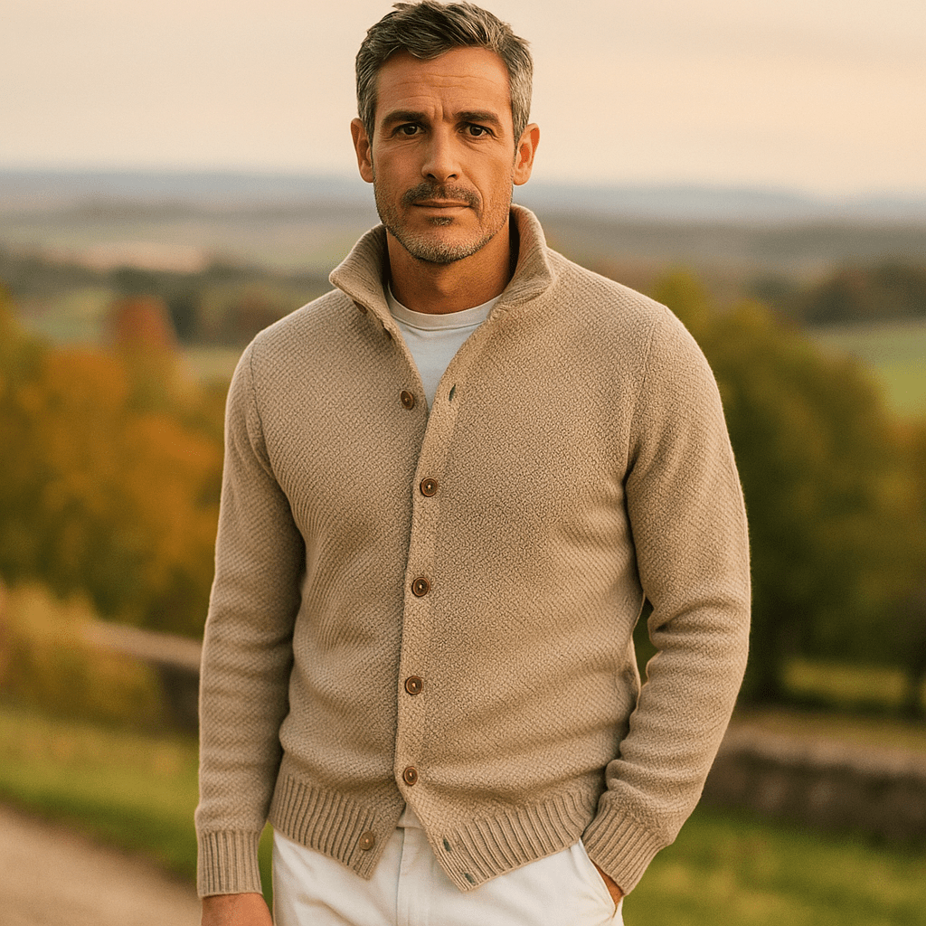 Miesten Slim Fit Neulepusero – Olkakaulus – Napitettu Etuosa – Ribattu Reuna - EmiyoSuomi - Villapaita Miehet