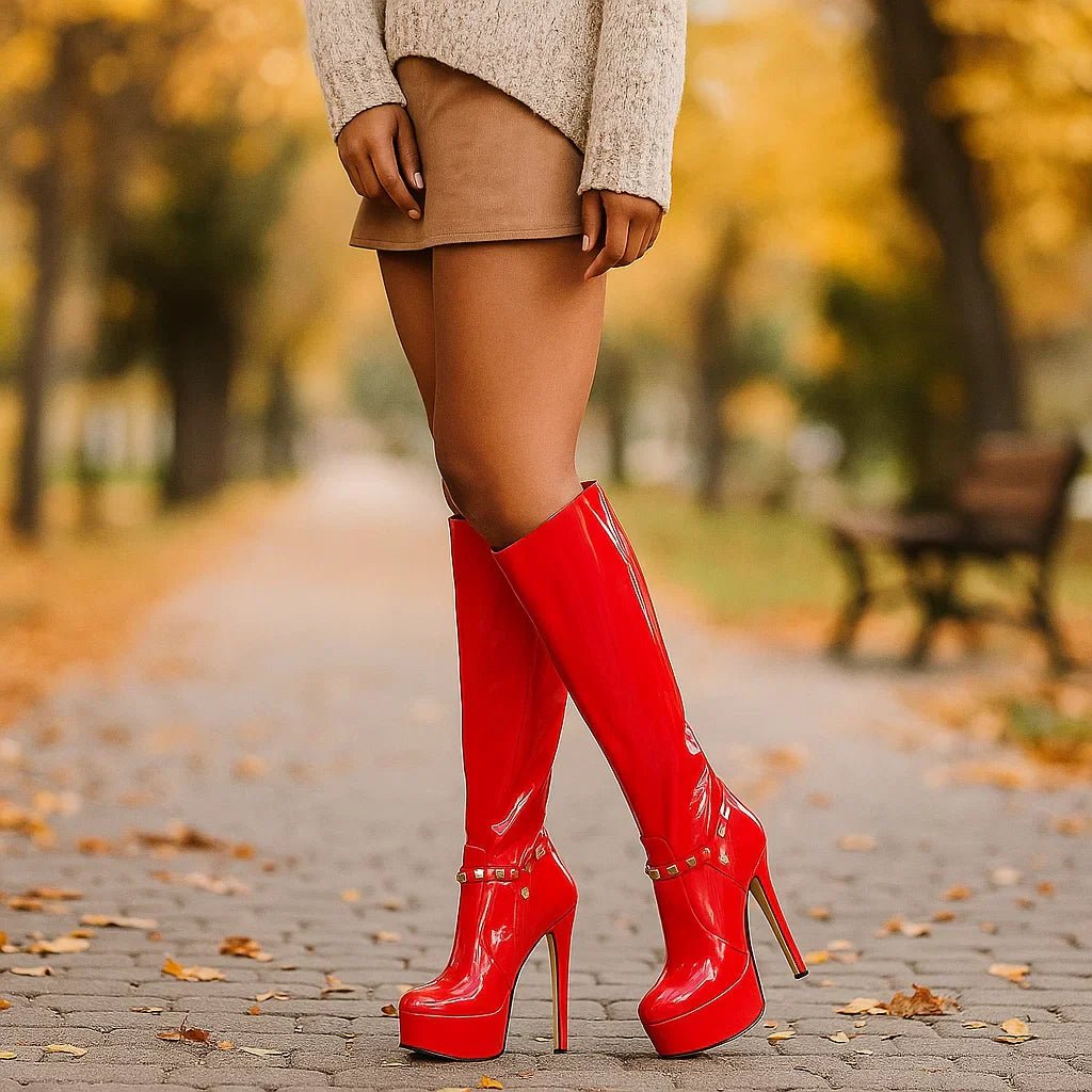 Naiset Kiiltävät Plattorisaappaat - Polvipituiset - Koristeellinen Solki - EmiyoSuomi - Saappaat Nainen