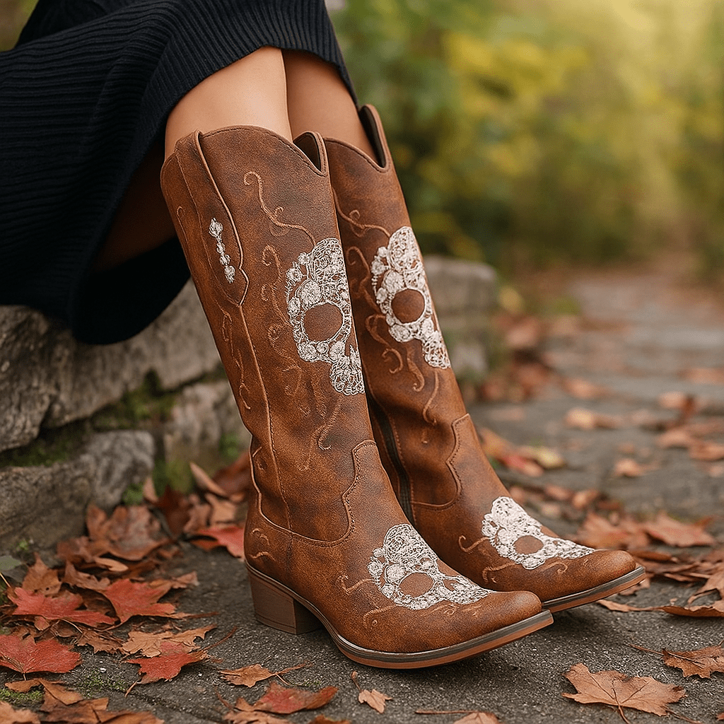 Naisten Cowboy - saappaat – Kirjailtu Luuranko – Paksu Korko – Terävä Kärkinen - EmiyoSuomi - Saappaat Nainen