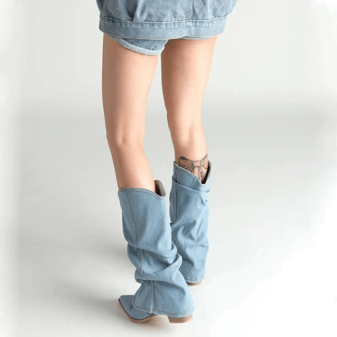 Naisten Denim Saappaat | Block Heels | Rento Western - Tyyli | Nilkkapituus ja Leveä Varsi - EmiyoSuomi - Pitkät saappaat