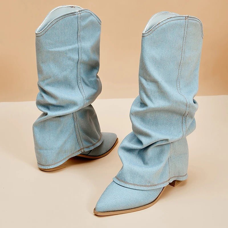 Naisten Denim Saappaat | Block Heels | Rento Western - Tyyli | Nilkkapituus ja Leveä Varsi - EmiyoSuomi - Pitkät saappaat