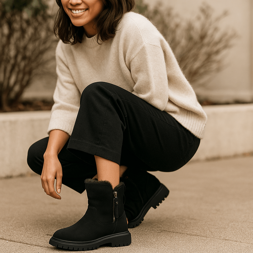 Naisten Keskikorkeat Saappaat - Nappanahkainen Ilme - Tekoturkis Mukavuus - EmiyoSuomi - Saappaat Nainen