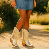 Naisten Keskipituinen Saapas - Terävä Nenä - Paksu Korko - Paljetti & Tupsu Yksityiskohta - EmiyoSuomi - Saappaat Nainen