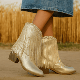 Naisten Keskipituinen Saapas - Terävä Nenä - Paksu Korko - Paljetti & Tupsu Yksityiskohta - EmiyoSuomi - Saappaat Nainen