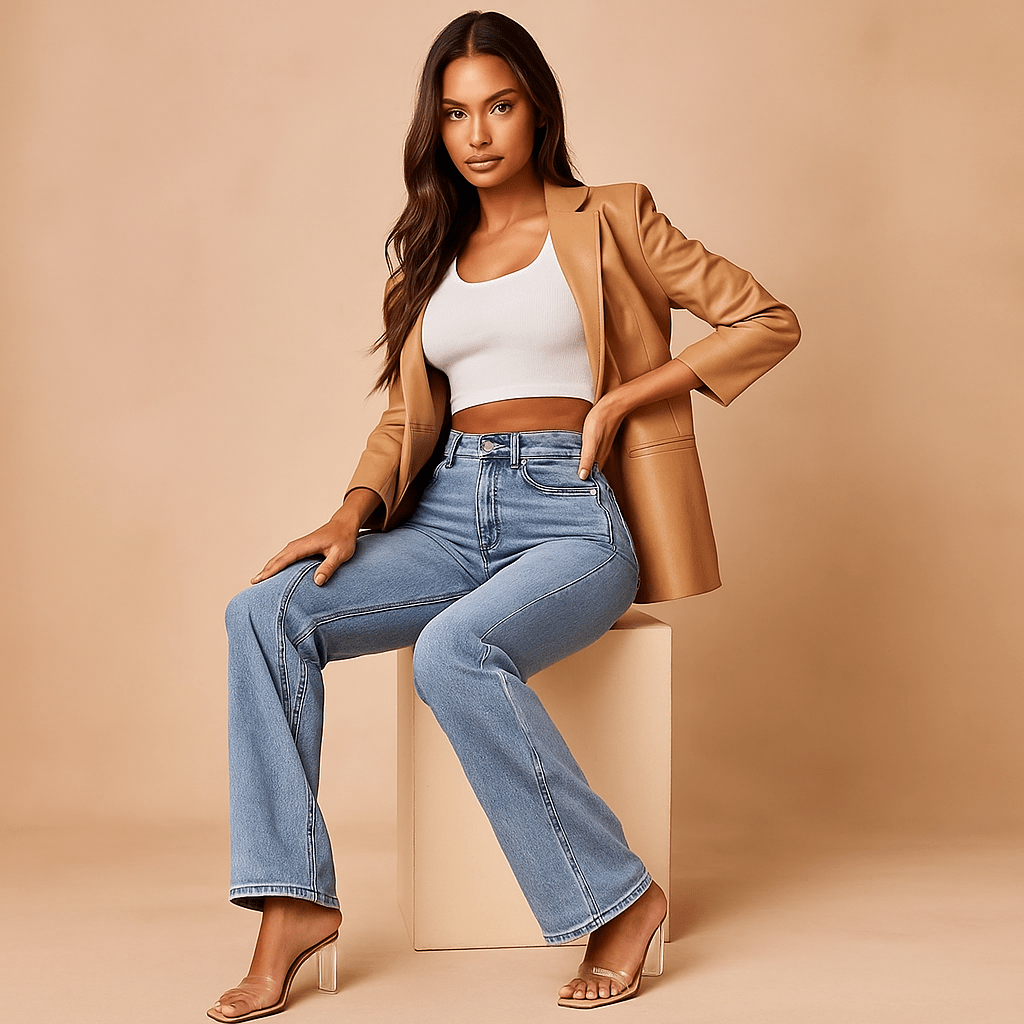 Naisten leveälahkeiset farkut - Korkea vyötärö - Rentomalli - Viisi - taskuinen muotoilu - EmiyoSuomi - Farkut Naisten