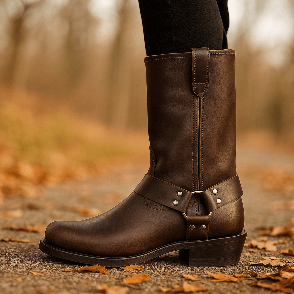 Naisten Mid - Calf Saappaat – Nahka Harniska – Solki & Niittinauha - EmiyoSuomi - Saappaat Nainen