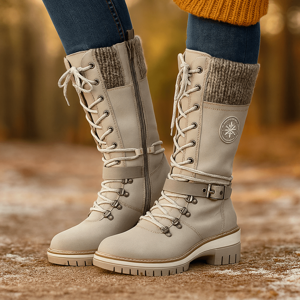 Naisten Mid - Calf Saappaat - Nahkajäljitelmä - Nauhat & Vetoketju - Liukumaton Pohja - EmiyoSuomi - Saappaat Nainen