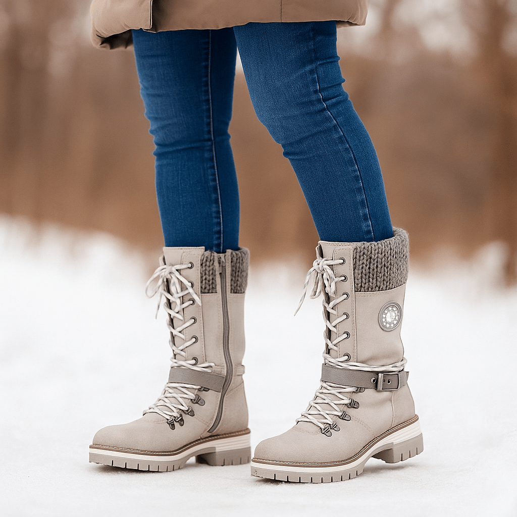 Naisten Mid - Calf Saappaat - Nahkajäljitelmä - Nauhat & Vetoketju - Liukumaton Pohja - EmiyoSuomi - Saappaat Nainen