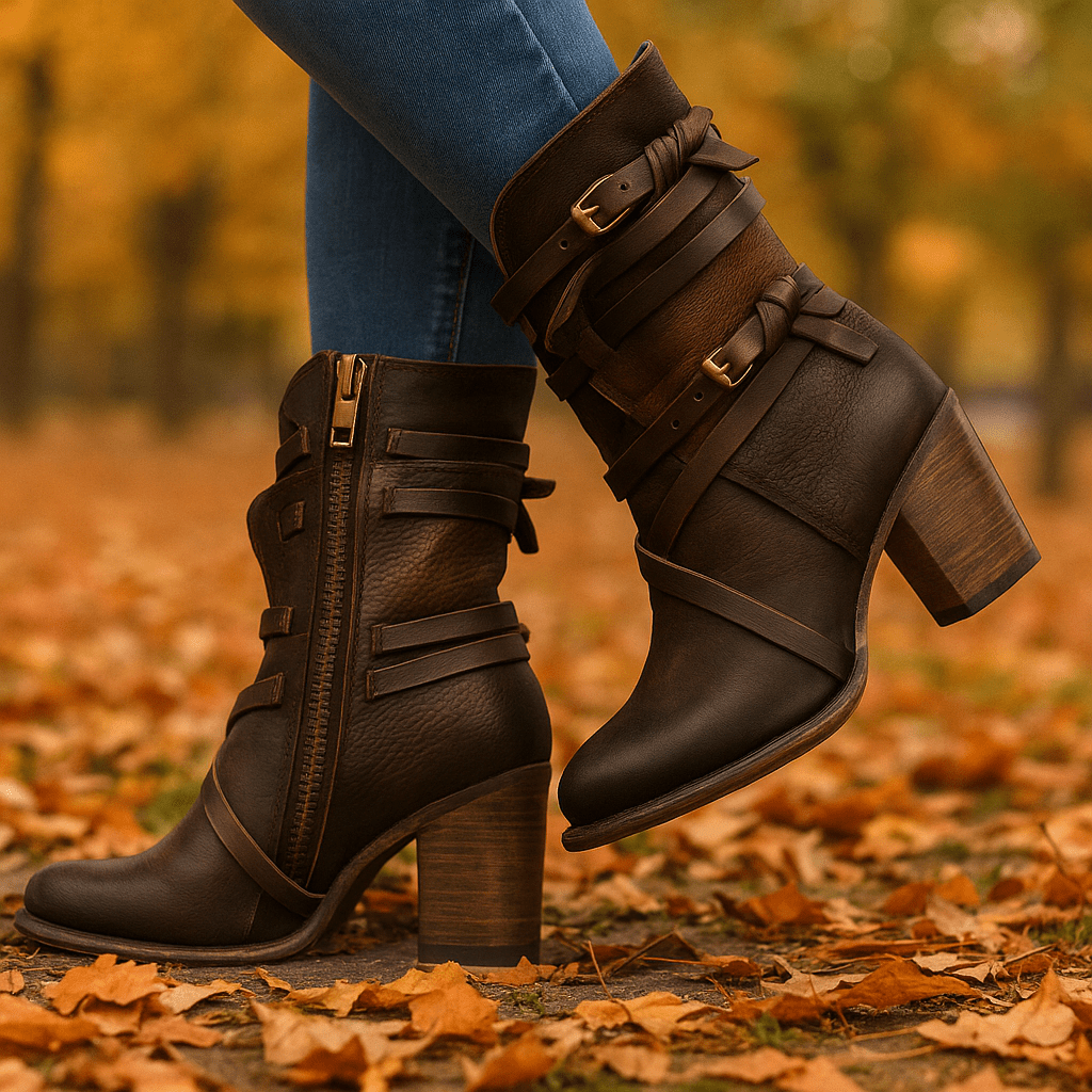 Naisten Nahka Nilkkurit - Kulunut Viimeistely - Sivulukitus - Paksu Korko - EmiyoSuomi - Saappaat Nainen