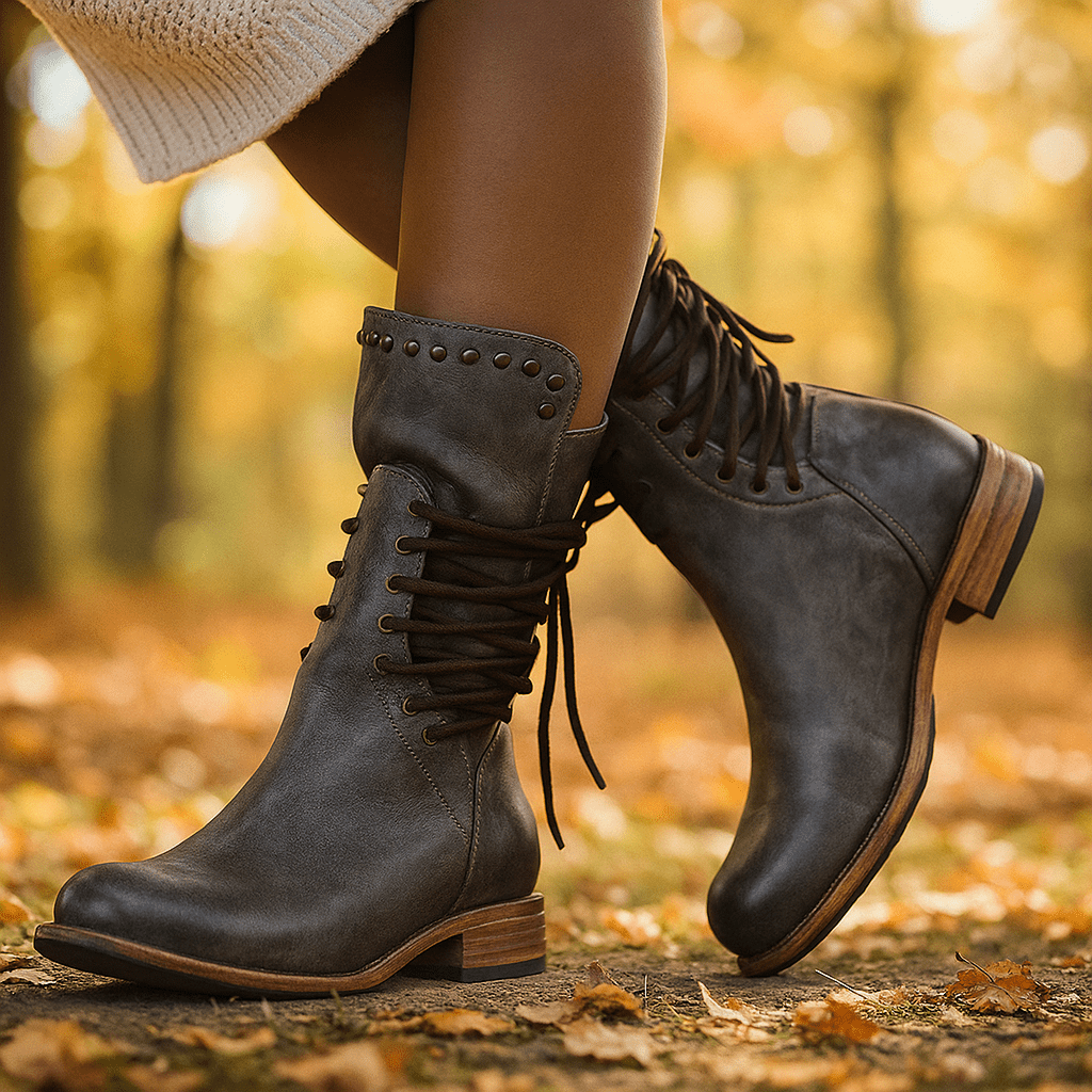 Naisten Nahkasaappaat Keskikorkealla Varrella – Nauhoitettu Istuvuus – Metalliniittejä – Matala Korko - EmiyoSuomi - Saappaat Nainen