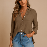 Naisten Napillinen Paita - Kevyt Pellavasekoite - Pitkät Hihat - EmiyoSuomi - Neulepusero Nainen