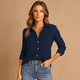 Naisten Napillinen Paita - Kevyt Pellavasekoite - Pitkät Hihat - EmiyoSuomi - Neulepusero Nainen