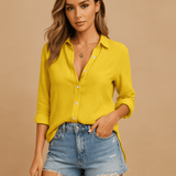 Naisten Napillinen Paita - Kevyt Pellavasekoite - Pitkät Hihat - EmiyoSuomi - Neulepusero Nainen