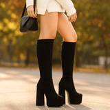 Naisten Polvenkorkuiset Saappaat – Nappanahka Look – Paksu Korko – Alustasaapas - EmiyoSuomi - Saappaat Nainen